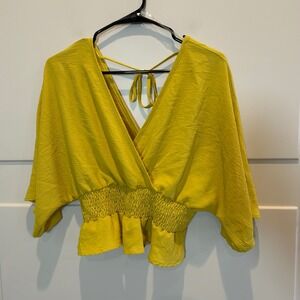 Anthropology Entro Yellow Draped Sleeve Smocked Waist Wrap Top Women's Small NWT